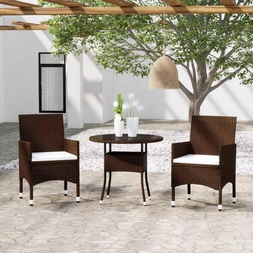 vidaXL 3-delige Bistroset poly rattan en gehard glas bruin, Tuin en Terras, Tuinsets en Loungesets, Nieuw, 2 zitplaatsen, Rotan