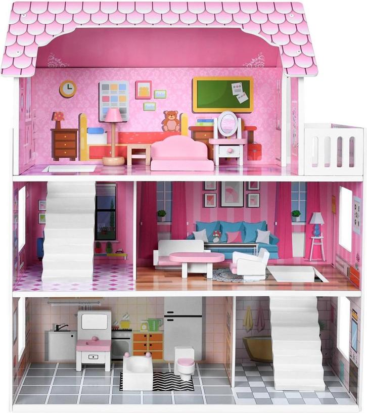 Houten Poppenhuis - Met meubels – Speelhuis - Roze, Kinderen en Baby's, Speelgoed | Poppenhuizen, Zo goed als nieuw, Verzenden