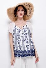 Mooi zijde top blouse korte mouwen, broderie en voering in, Nieuw