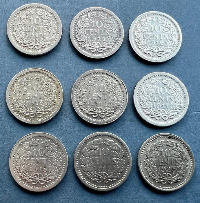 Nederland. Wilhelmina. 10 cent 1910- 1925 (9 verschillende, Postzegels en Munten, Munten | Nederland