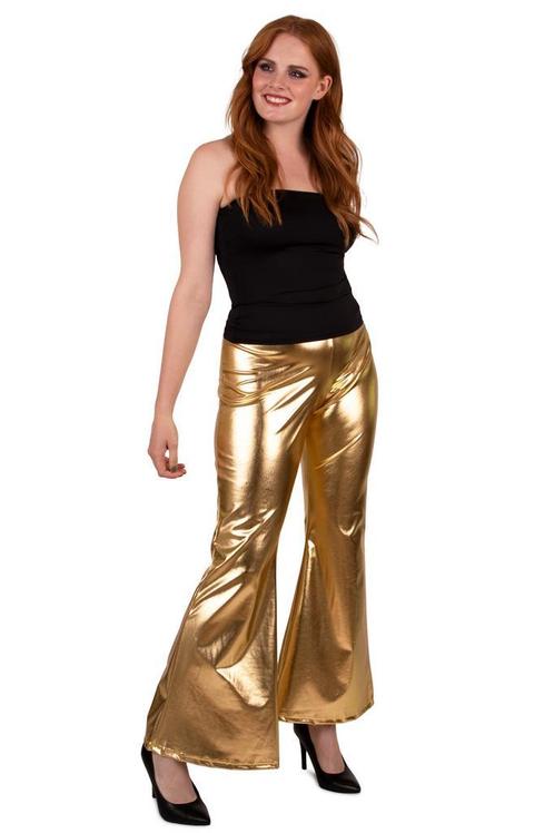 Flared Broek Metallic Goud - S/M, Kleding | Dames, Carnavalskleding en Feestkleding, Kleding, Nieuw, Overige thema's, Verzenden