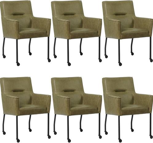 Set van 6 Olijfgroene leren moderne eetkamerstoelen - Vintag, Huis en Inrichting, Stoelen, Vijf, Zes of meer stoelen, Overige kleuren