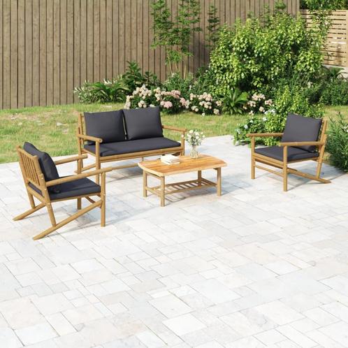 vidaXL 4-delige Loungeset met kussens bamboe donkergrijs, Tuin en Terras, Tuinsets en Loungesets, Loungeset, Nieuw, Hout, Verzenden