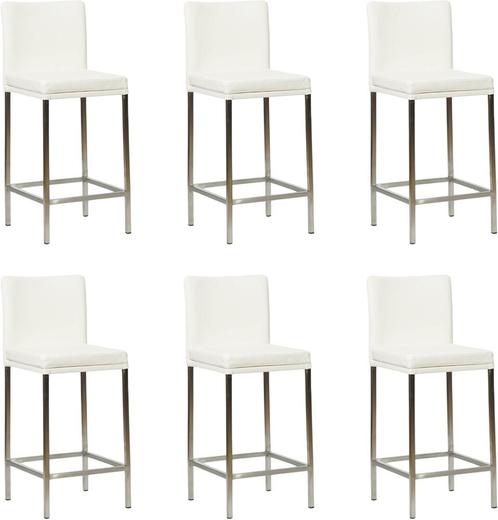 Set van 6 Witte leren moderne barkrukken - poot vierkant rvs, Huis en Inrichting, Stoelen, Vijf, Zes of meer stoelen, Overige kleuren