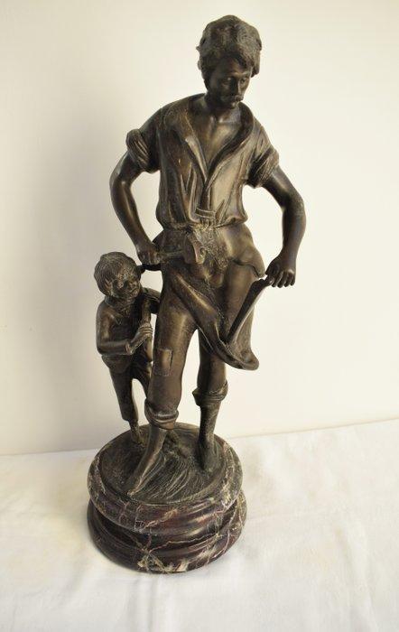 Figuur - Smid met zijn zoon - Zinklegering, Spelter, Frans, Antiek en Kunst, Antiek | Keramiek en Aardewerk