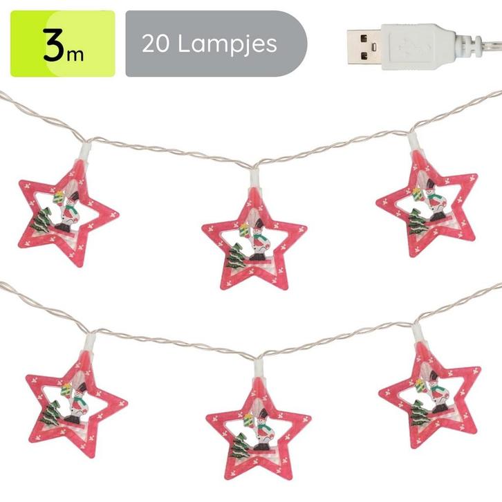 Kerstverlichting Ster en Sneeuwpop - 3m - 20 Lichtjes - USB, Diversen, Kerst, Nieuw, Verzenden