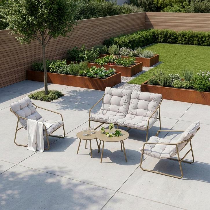 Tuinmeubelset Kivanta 5-delig beige en grijs [en.casa], Tuin en Terras, Tuinsets en Loungesets, Verzenden