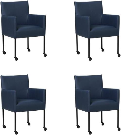 Set van 4 Blauwe leren moderne kuipstoel - poot rond zwart m, Huis en Inrichting, Stoelen, Vier, Overige kleuren, Nieuw, Leer