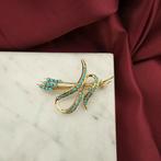 18 krt. Gouden broche met turquoise (vintage, geelgoud), Sieraden, Tassen en Uiterlijk, Broches, Gebruikt, Overige kleuren, Ophalen of Verzenden