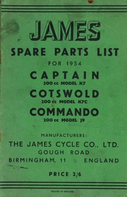 1954 James Spare Parts List - Captain - Cotswold - Commando, Motoren, Handleidingen en Instructieboekjes, Overige merken, Verzenden