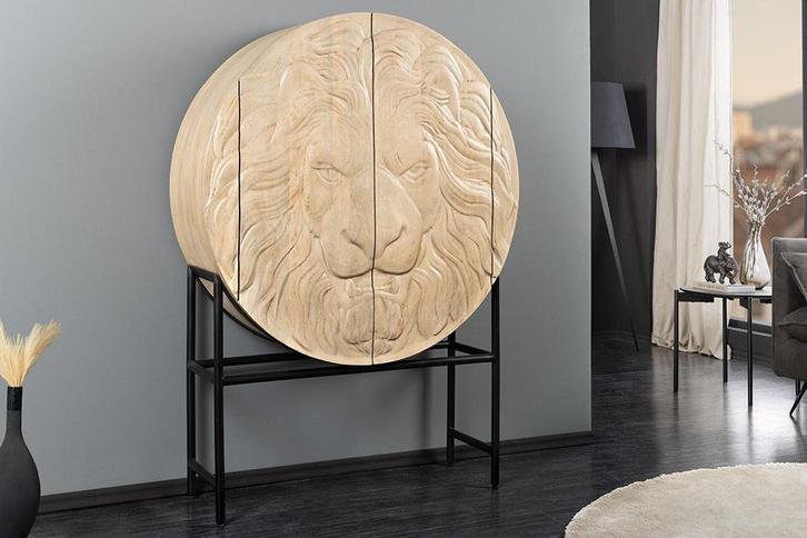Massief Highboard LION 140cm Wit Mango Hout Metaal 3D, Huis en Inrichting, Kasten | Overige, Ophalen of Verzenden