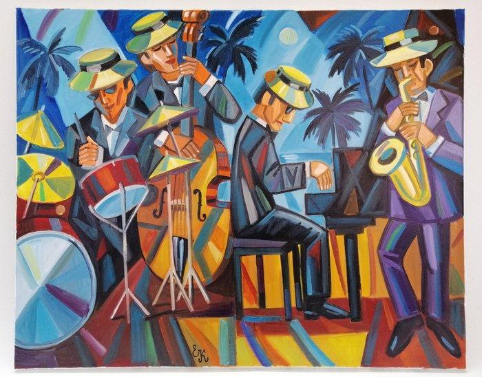 Elena Khmeleva - Jazz evening. Large. Œuvre originale, fait, Antiek en Kunst, Kunst | Schilderijen | Modern