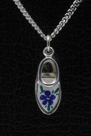 Zilveren Klompschoen ketting hanger - blauwe bloem, Sieraden, Tassen en Uiterlijk, Kettinghangers, Verzenden