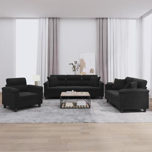 vidaXL 3-delige Loungeset met kussens microvezelstof zwart, Huis en Inrichting, Banken | Bankstellen, Nieuw, Stof, Vierpersoons of meer
