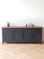 Grijs dressoir met teakhout blad | Antracieten kast | Vavivo, Teakhout, Nieuw, Ophalen of Verzenden, 200 cm of meer