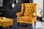 Design vleugelfauteuil CHESTERFIELD 85cm mosterdgeel fluweel, Nieuw, Ophalen of Verzenden