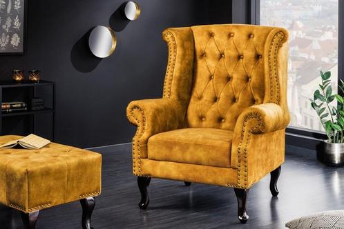 Design vleugelfauteuil CHESTERFIELD 85cm mosterdgeel fluweel, Huis en Inrichting, Banken | Bankstellen, Ophalen of Verzenden