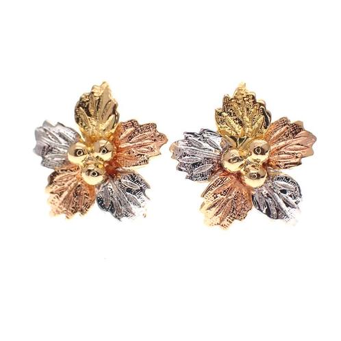 18 K. Tricolor gouden oorstekers als bloem (witgoud), Sieraden, Tassen en Uiterlijk, Oorbellen, Overige kleuren, Gebruikt, Goud