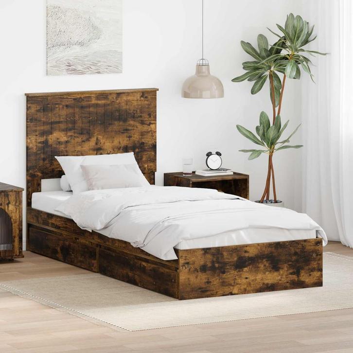 vidaXL Opslag bed met lade Gerookt eiken 90 x 200 cm Bewerkt, Huis en Inrichting, Slaapkamer | Bedden, Bruin, Nieuw, Hout, Verzenden