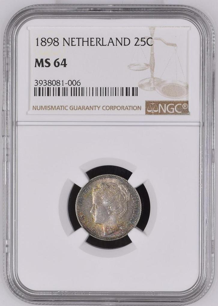 Koningin Wilhelmina 25 cent 1898 MS64 gecertificeerd NGC, Postzegels en Munten, Munten | Nederland, Losse munt, 25 cent, Koningin Wilhelmina