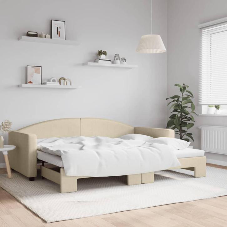 vidaXL Slaapbank met onderschuifbed 90x200 cm stof, Huis en Inrichting, Slaapkamer | Bedden, 90 cm, 200 cm, Crème, Eenpersoons