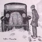 Spotprent over een werkloze die jaloers is op een auto, Antiek en Kunst, Verzenden