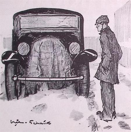 Spotprent over een werkloze die jaloers is op een auto, Antiek en Kunst, Kunst | Litho's en Zeefdrukken, Verzenden