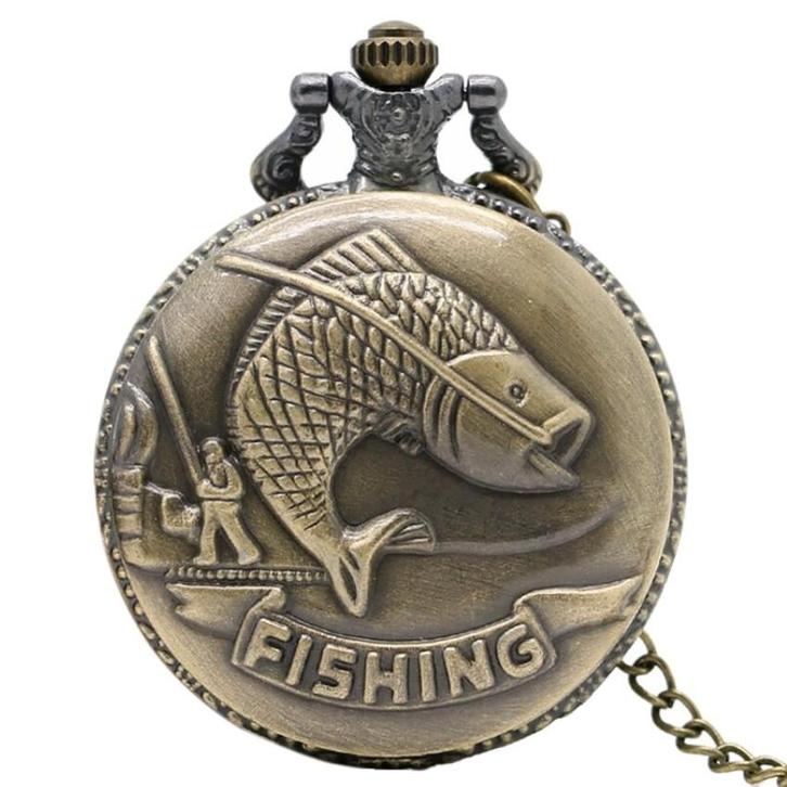 Fako - Zakhorloge - XXL - Fishing - Ø 47mm - Bronskleurig, Sieraden, Tassen en Uiterlijk, Horloges | Heren, Verzenden