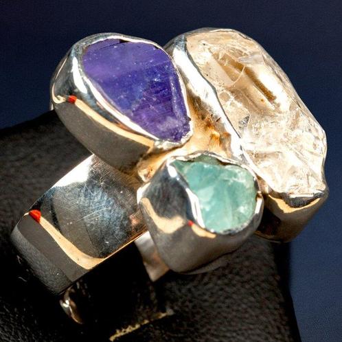 Verstelbare ring met natuurlijke edelstenen. Zilveren ring, Verzamelen, Mineralen en Fossielen