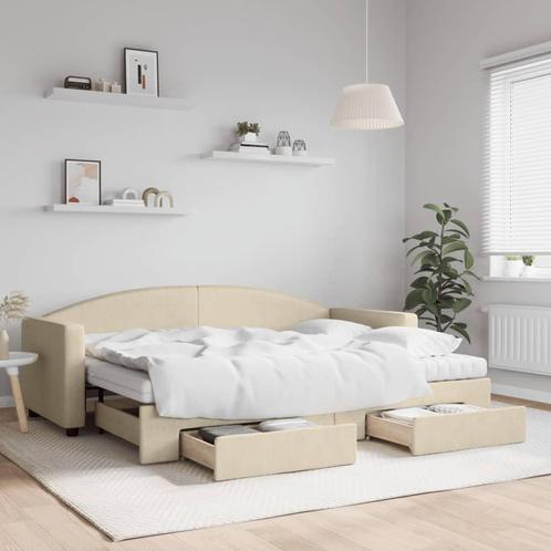 vidaXL Slaapbank met onderschuifbed en lades 80x200 cm stof, Huis en Inrichting, Slaapkamer | Bedden, 80 cm, 200 cm, Crème, Eenpersoons
