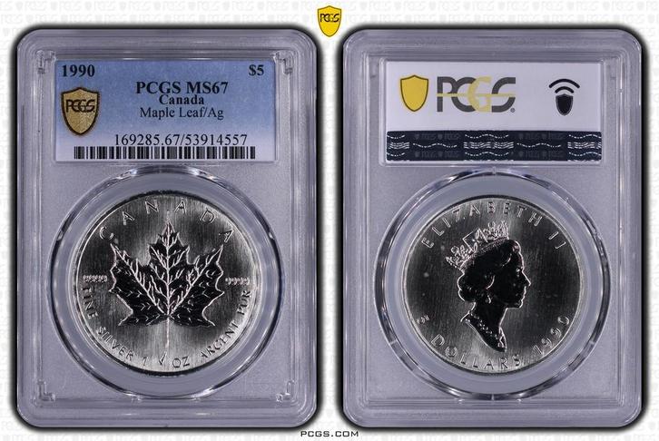 Canada 1 oz Maple Leaf 1990 PCGS MS67 gecertificeerd, Postzegels en Munten, Munten | Amerika, Noord-Amerika, Losse munt, Zilver