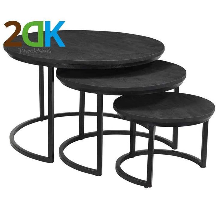 2dk bijzettafels rond massief Mango zwart - Set 3, Huis en Inrichting, Tafels | Bijzettafels, Nieuw, Hout, Ophalen of Verzenden