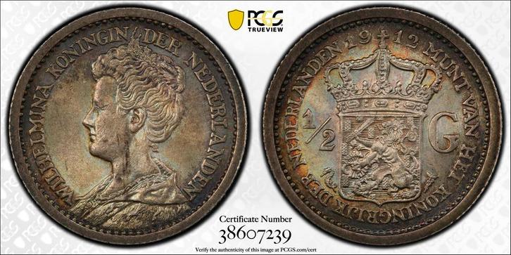 Koningin Wilhelmina halve gulden 1912 MS63 PCGS (Pop 8/5), Postzegels en Munten, Munten | Nederland, Losse munt, Koningin Wilhelmina