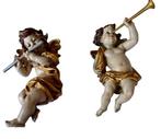 Beeldje - Paar putti engelen met trompet (2) - Lindehout