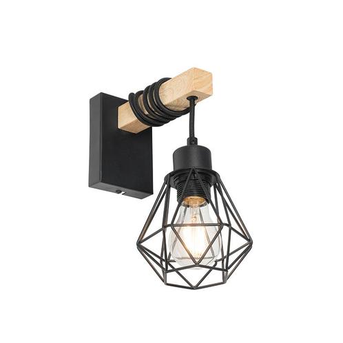 Landelijke wandlamp zwart met hout - Chon, Huis en Inrichting, Lampen | Wandlampen, Nieuw, Overige materialen