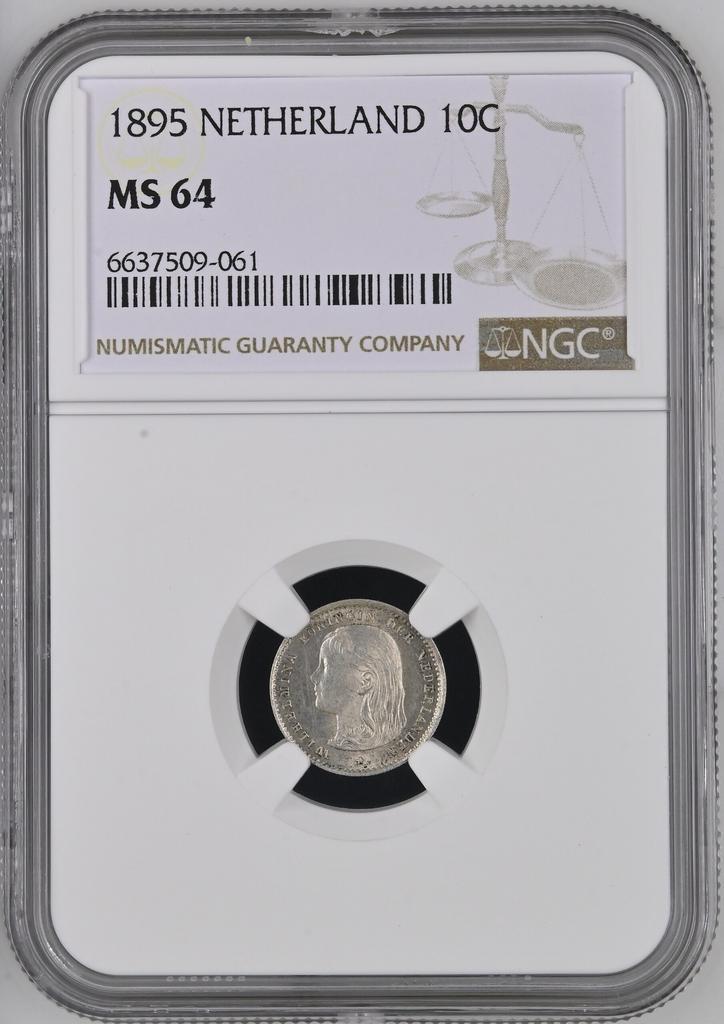 Koningin Wilhelmina 10 cent 1895 NGC MS64 (pop 5/5), Postzegels en Munten, Munten | Nederland, Losse munt, 10 cent, Koningin Wilhelmina