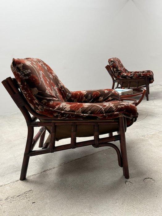 Fauteuil - Fluweel, Bamboe, Linnen - 2 fauteuils en, Antiek en Kunst, Antiek | Meubels | Stoelen en Banken