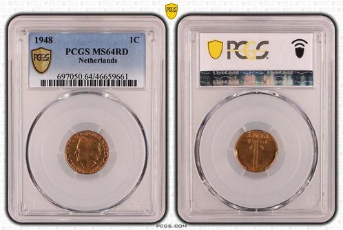 Koningin Wilhelmina 1 cent 1948 MS64 RD PCGS gecertificeerd, Postzegels en Munten, Munten | Nederland, Losse munt, Verzenden