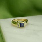 Gouden ring met saffier en diamant | 0,12 ct., Gebruikt, Overige kleuren, Ophalen of Verzenden, 17 tot 18