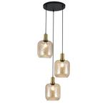 Hanglamp Zwart met Messing en Amber Glas – 3-Lichts - Nox, Verzenden, Nieuw, Glas