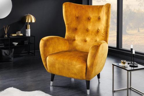 Retro Design Fauteuil DON Mosterdgeel Fluweel Lente Zilveren, Huis en Inrichting, Stoelen, Ophalen of Verzenden