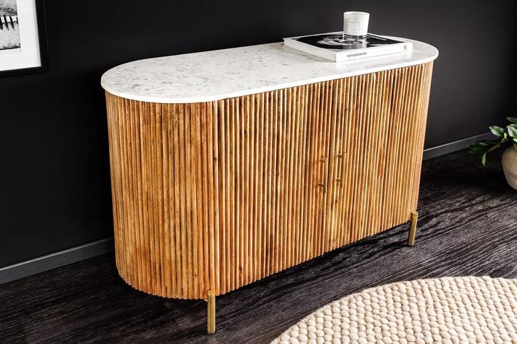 Massief dressoir TRES CHIC 105cm bruin mangohout wit marmer, Huis en Inrichting, Kasten | Dressoirs, Ophalen of Verzenden