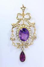 Hanger - 18 karaat Geel goud - Parel - Amethist, Antiek 1900, Sieraden, Tassen en Uiterlijk, Antieke sieraden