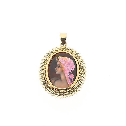 Gouden hanger met Emaille DArt portret | Vintage/antiek, Sieraden, Tassen en Uiterlijk, Bedels, Gebruikt, Overige merken, Goud