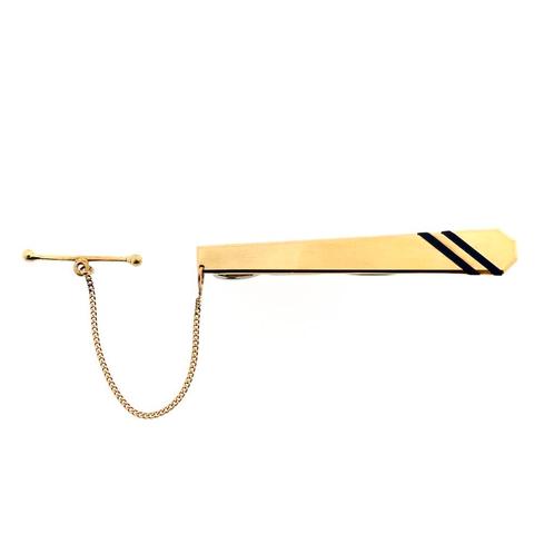 Gouden dasschuif met ketting en onyx (vintage, steekspeld), Sieraden, Tassen en Uiterlijk, Broches, Overige kleuren, Gebruikt