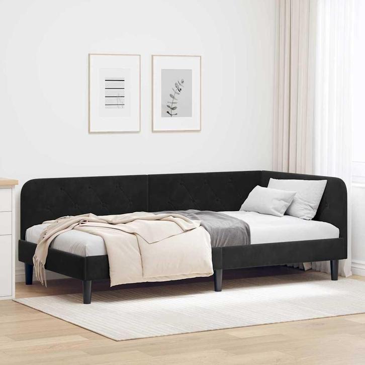 vidaXL Hoekbedframe met hoofdeinde Zwart 100 x 200 cm, Huis en Inrichting, Slaapkamer | Bedden, Zwart, Nieuw, Stof, Verzenden