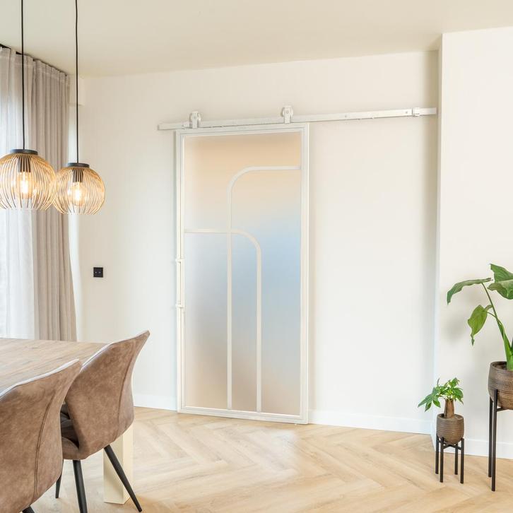 Stalen Schuifdeur - Wit - 4 Vlaks rond - Mat glas, Doe-het-zelf en Verbouw, Kozijnen en Schuifpuien, Inclusief glas, Nieuw, Metaal
