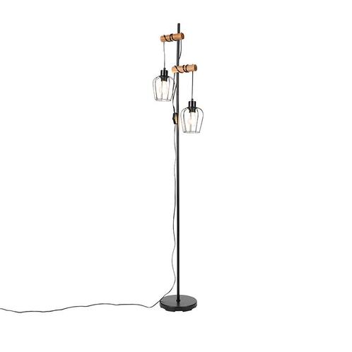 Landelijke vloerlamp zwart met hout 2-lichts - Stronk, Huis en Inrichting, Lampen | Vloerlampen, Nieuw, Overige materialen, 150 tot 200 cm