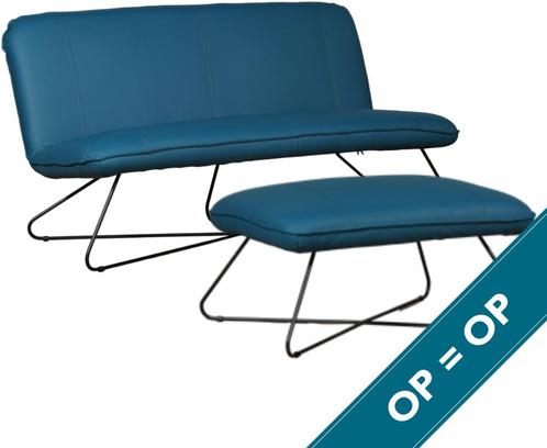 + hocker - Toleder leer Turquoise | Maand actie, Huis en Inrichting, Banken | Bankstellen, Minder dan 150 cm, 75 tot 100 cm, Rechte bank