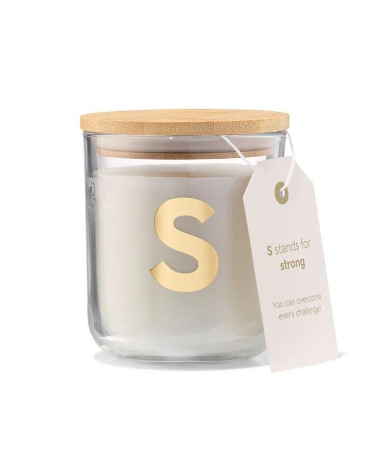 HEMA Kaars in glas Ø8x10cm letter S, Huis en Inrichting, Woonaccessoires | Kandelaars en Kaarsen, Nieuw, Verzenden
